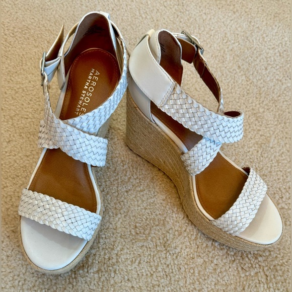 Aerosoles ‘Kathy’ Platform Wedge LEATHER Woven White Strap Wicker Heel Size 9 - Picture 2 of 14